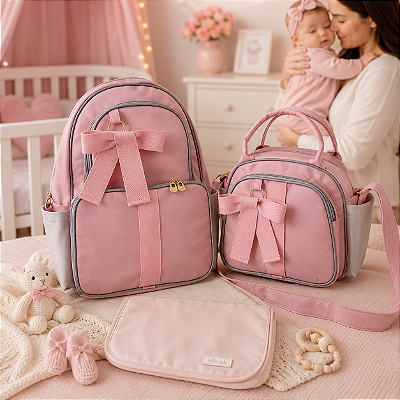 Kit Bolsa e Mochila Maternidade - Rosê com Laço - Villa BB