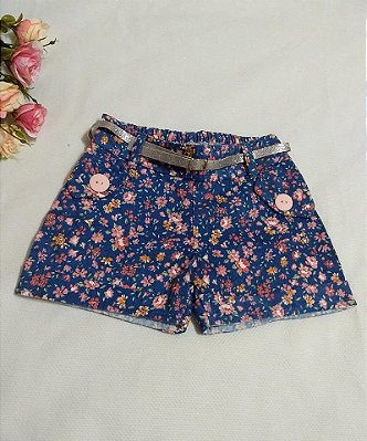 Short veludo Cotelê Floral com Cintinho Prata - Infantil Menina