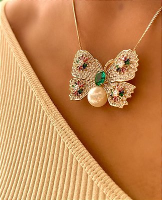 Colar Borboleta Colorida Cravejada Banho Ouro Luxo