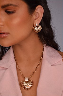Colar e Brincos Luxo Formato Coração Vazado Banhado a Ouro 18k com Garantia