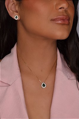 Conjunto de Colar e Brincos Gota Banhado a Ouro 18k Micro cravejado com Pedra Zircônia