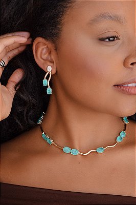 Colar e Brincos Banho a Ouro 18k com pedra Turmalina Fusion com Garantia