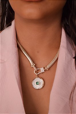 Colar Malha com Pingente Cravejado e Pingente Madrepérola com Garantia