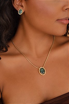 Colar e Brincos Banhado a Ouro 18k com Pedra Zircônia Colorida e Garantia