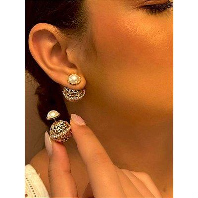 Brinco Étnico Bola Ouro com Pérola Garantia Semijoia