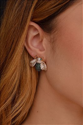Brincos Besouro Cravejado Alta Joalheria Banhado a Ouro 18k com Garantia