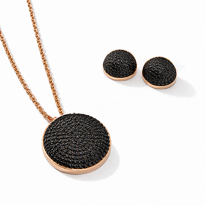 Colar com Pingente Cravejado Preto e Brincos Cravejado Banho a Ouro 18k com Garantia