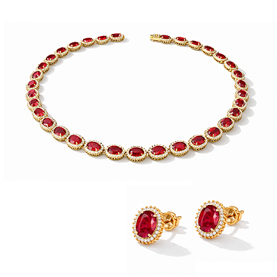 Colar Riviera Vermelha Cravejado e Brincos com Zircônia Banhado a Ouro com Garantia