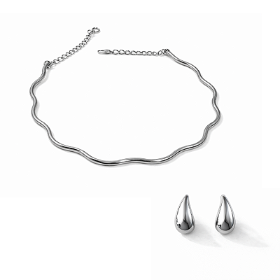 Colar Choker Aro e Brincos Gota em Ródio Branco Garantia Semijoia