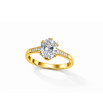 Anel Solitário Zircônia Oval com Cravejado Banhado a Ouro com Garantia