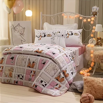 EDREDOM COT ROYAL PLUS SOLTEIRO CATS 1 ROSA
