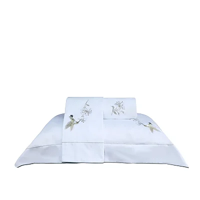 Jogo de Cama Marken Fassi Colibri Queen Branco com Verde 4 Peças