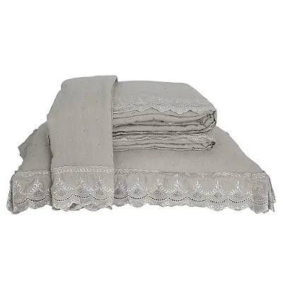 Kit Colcha Niazitex Percal Soft 300 Rendado King Cinza Claro 3 Peças