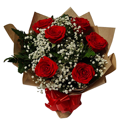 Buque de 6 Rosas Vermelhas com Coração de Madeira de Sonhos de Valsa