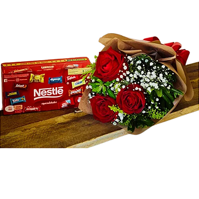 Buque de 3 Rosas Vermelhas com Caixa de Bombons Sortidos