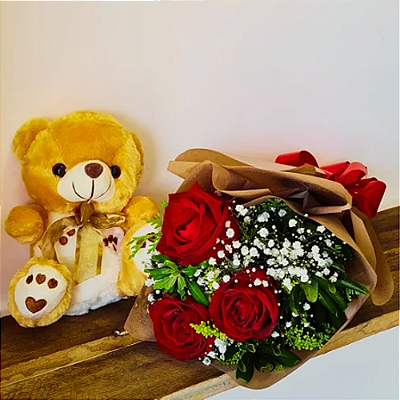 Buque de 3 Rosas Vermelhas com Ursinho de Pelúcia