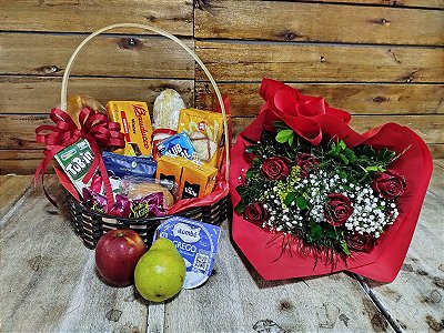 Romântica cesta Café da Manhã e Buquê de 6 Rosas