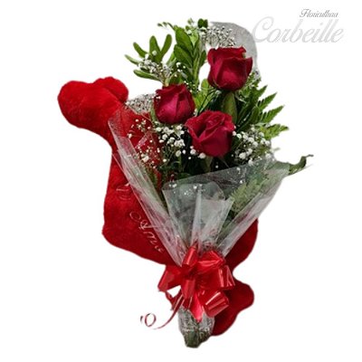 Ramalhete com 3 Rosas Vermelhas e Coração de Pelúcia