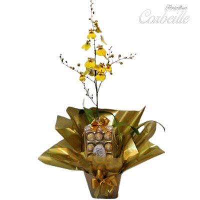 Orquídea Chuva de Ouro com Caixa de Bombons Ferrero Rocher 12 Unidades