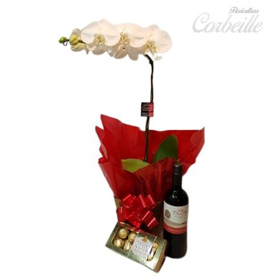 Orquidea Branca com Caixa de Bombons Ferrero Rocher 8 unidades e Vinho Tinto Importado
