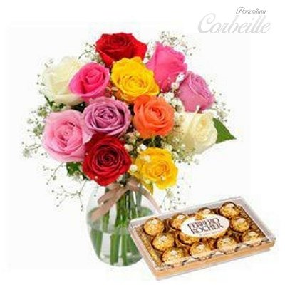 Rosas coloridas no vaso com Ferrero Rocher - 12 unidades