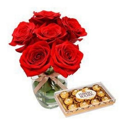 Rosas Vermelhas no vaso com Ferrero Rocher 12 Unidades