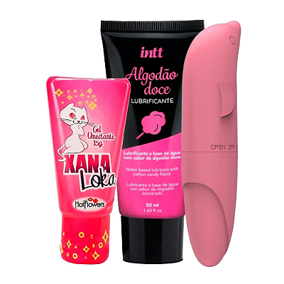 Kit com lubrificante beijável, golfinho e excitante