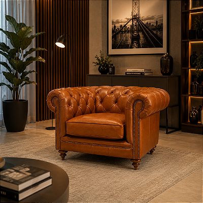 Poltrona Chesterfield de Couro Legítimo Avermelhado