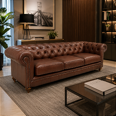 Sofá Chesterfield Couro Legítimo Café 3 Lugares