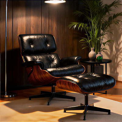 Poltrona e Puff Charles Eames Couro Envelhecido Preto