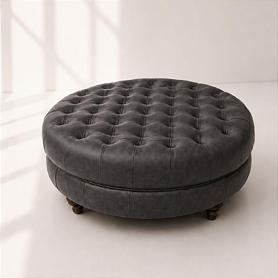 Puff Chesterfield Redondo em Couro Envelhecido Grafite