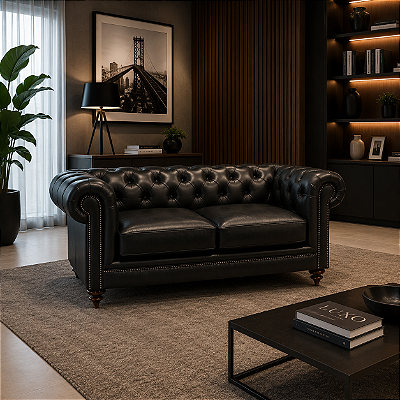 Sofá Chesterfield 2 Lugares em Couro Legítimo Preto
