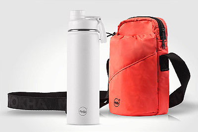 Kit garrafa térmica inox Facy 660ml white e bolsa Shoulder Bottle laranja
