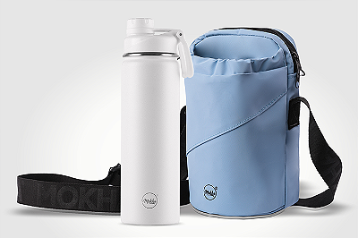 Kit garrafa térmica inox Facy 660ml white e bolsa Shoulder Bottle azul