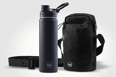 Kit garrafa térmica inox Facy 660ml black e bolsa Shoulder Bottle preta