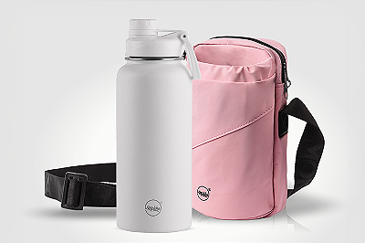 Kit garrafa térmica inox Facy 960ml white e bolsa Shoulder Bottle rosa