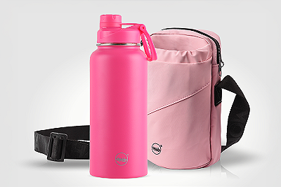 Kit garrafa térmica inox Facy 960ml Pink e bolsa Shoulder Bottle Rosa