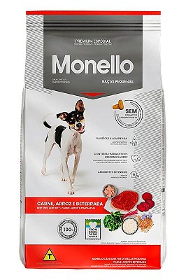 Ração Monello Premium Especial Sabor Carne, Arroz e Beterraba para Cães Adultos de Raças Pequenas - 10,1kg