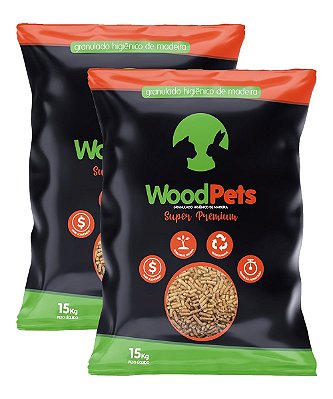 2 Pacotes de 15kg - Granulado Higiênica de Madeira WoodPets Super Premium