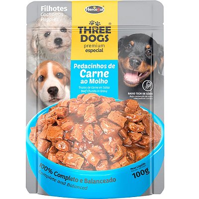 Ração Úmida Three Dogs Sachê Premium Especial para Cães Filhotes Sabor Pedacinhos de Carne ao Molho - 100g