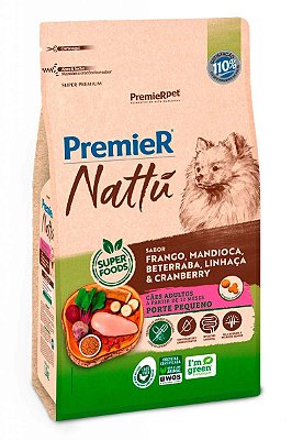 Ração Premier Nattu Super Premium Sabor Frango, Mandioca, Beterraba, Linhaça e Cranberry para Cães Adultos de Pequeno Porte - 1kg, 2,5kg ou 10,1Kg