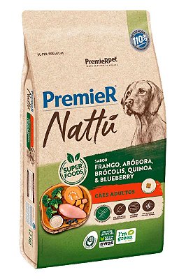 Ração Premier Nattu Super Premium Sabor Frango, Abóbora, Brócolis, Quinoa e Blueberry para Cães Adultos - 12kg