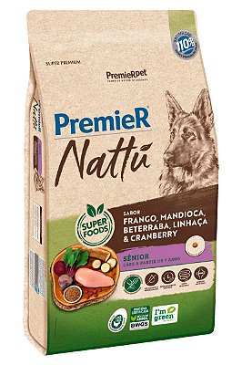 Ração Premier Nattu Super Premium Sabor Frango, Mandioca, Beterraba, Linhaça e Cranberry para Cães Sênior - 10,1kg