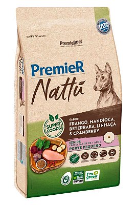 Ração Premier Nattu Super Premium Sabor Frango, Mandioca, Beterraba, Linhaça e Cranberry para Cães Sênior de Porte Pequeno - 2,5kg ou 10,1kg