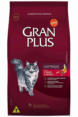 Ração GranPlus High Premium Sabor Carne e Arroz para Gatos Adultos Castrados - 3kg ou 10,1Kg