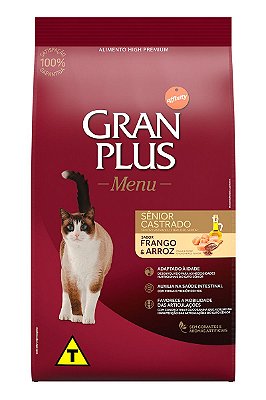 Ração GranPlus Menu High Premium Sabor Frango e Arroz para Gatos Sênior Castrados - 3kg ou 10,1kg