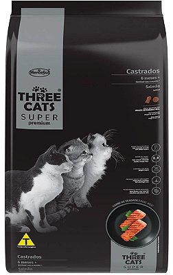 Ração Three Cats Super Premium para Gatos Castrados 6 Meses + Sabor Salmão - 500g, 10,1kg ou 15Kg