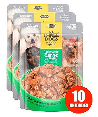 Ração Úmida Three Dogs Sachê Premium Especial para Cães Adultos Raças Pequenas Sabor Pedaços de Carne ao Molho 100g - 10 unidades