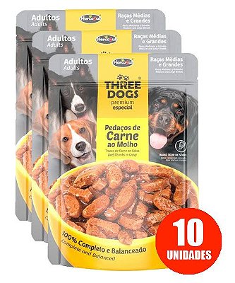 Ração Úmida Three Dogs Sachê Premium Especial para Cães Adultos Raças Médias e Grandes Sabor Pedaços de Carne ao Molho 100g - 10 unidades