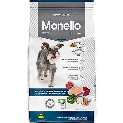 Ração Monello Premium Especial Sabor Frango, Arroz e Beterraba para Cães Sênior - 1kg, 10,1kg ou 15kg